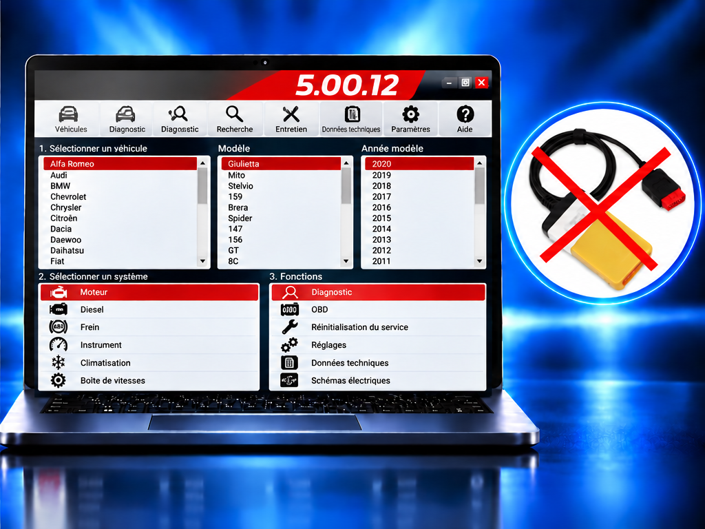 Diagnostic multimarque version 5.00.12, interface OBD jaune barrée en rouge car non incluse