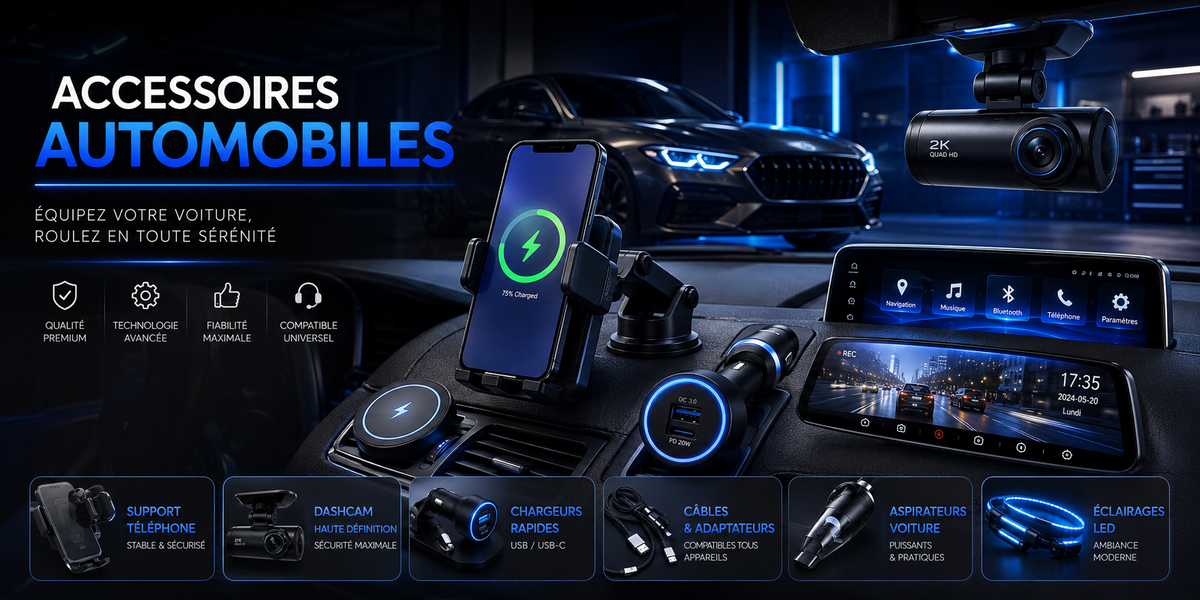Accessoires automobiles premium avec dashcam, support téléphone et chargeurs