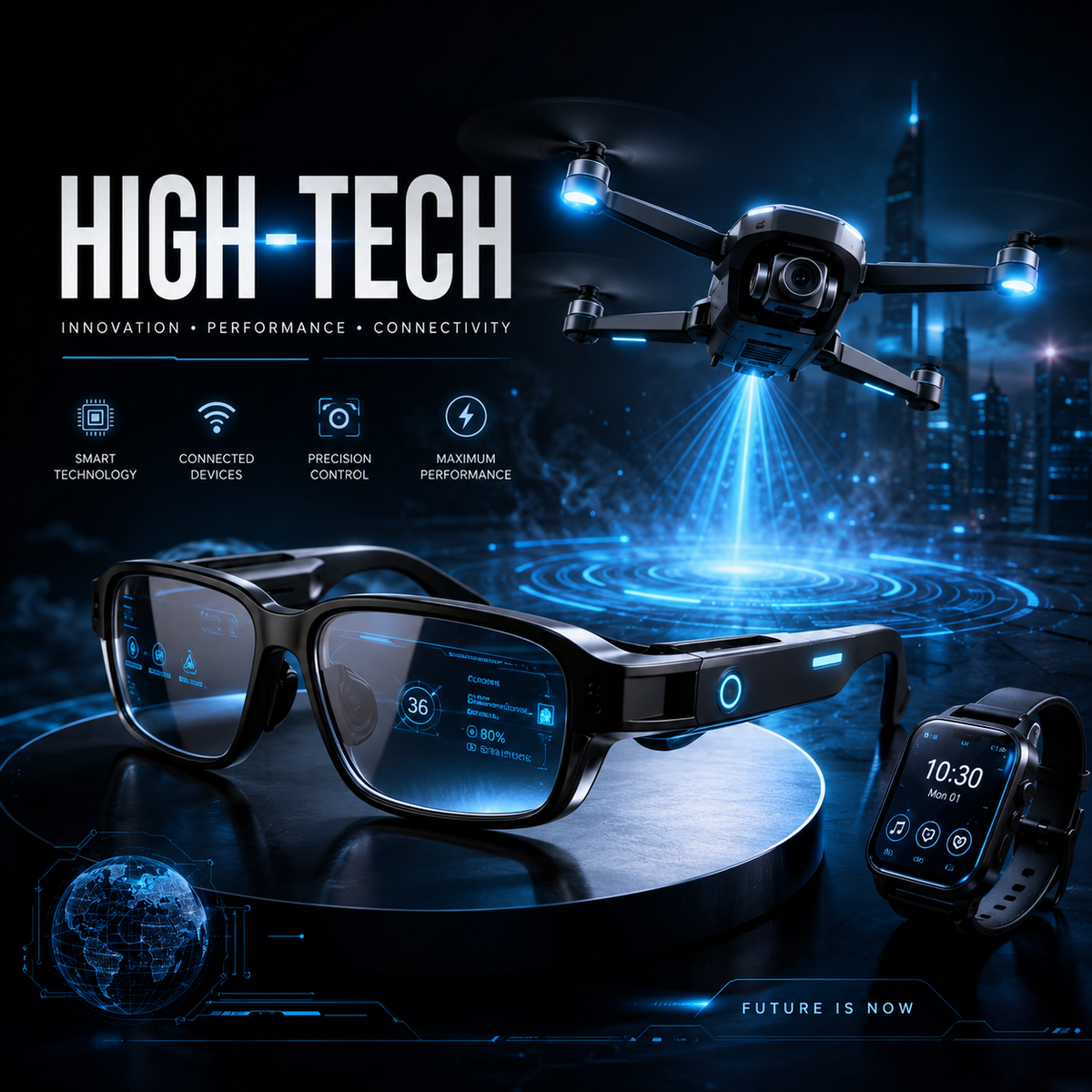 Collection High-Tech avec drone, lunettes connectées et montre intelligente dans un univers futuriste bleu
