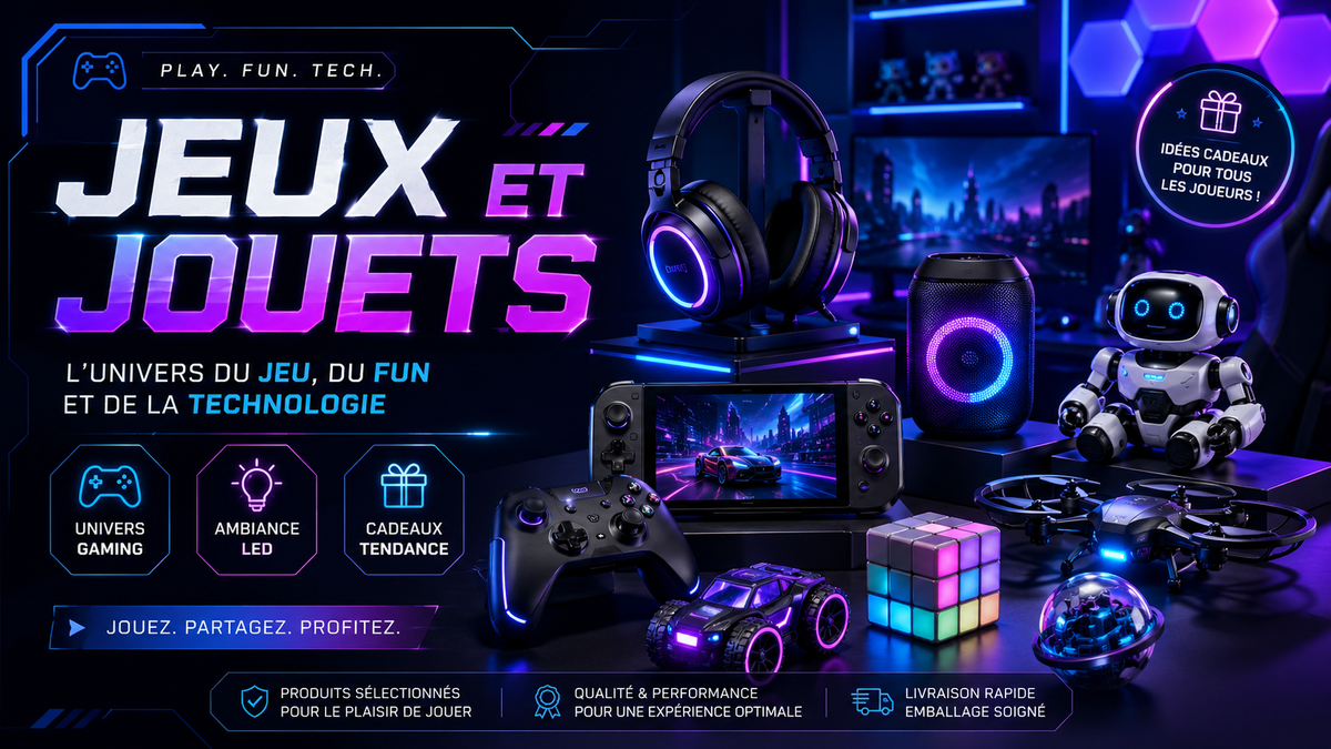 Collection Jeux et jouets avec univers gaming, accessoires technologiques et ambiance LED