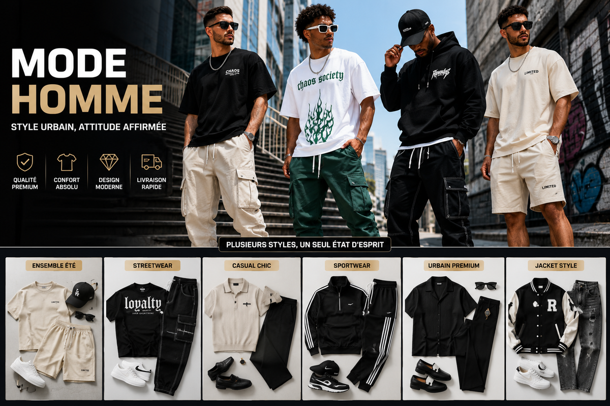 Collection Mode homme avec plusieurs styles urbains, été, casual, sport et streetwear