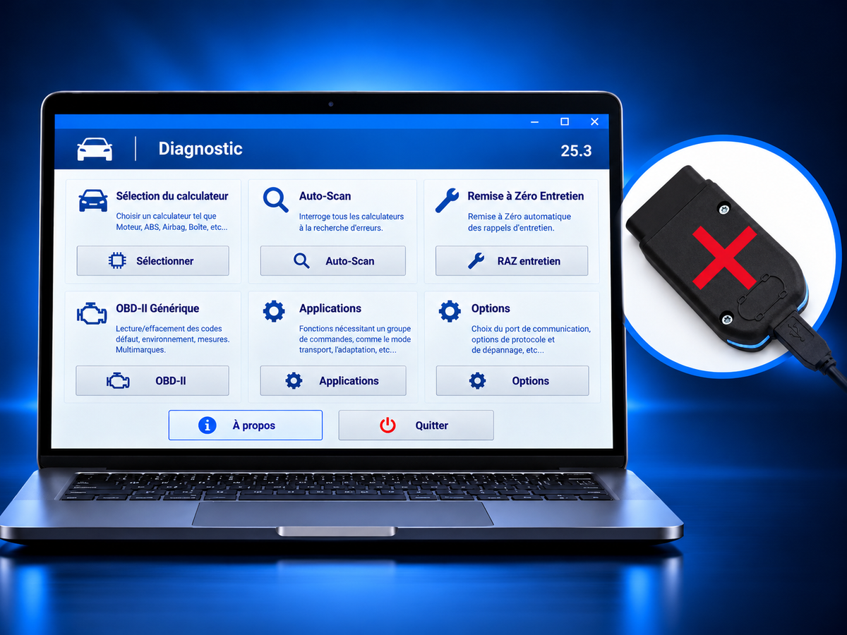 Logiciel diagnostic version 25.3, visuel avec interface OBD barrée en rouge : non incluse dans le pack