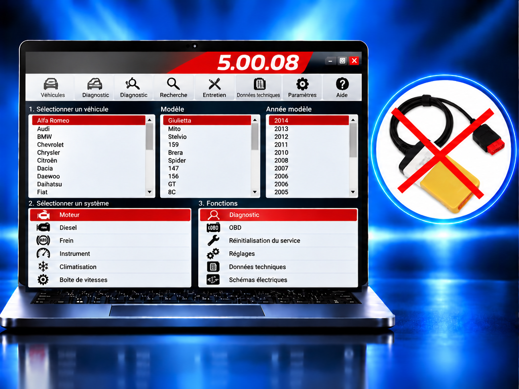 Diagnostic multimarque version 5.00.08, interface OBD jaune barrée en rouge car non incluse